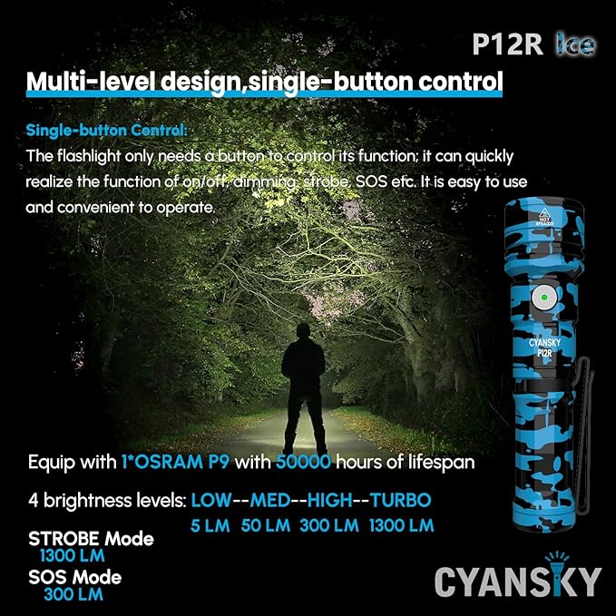 CYANSKY Rechargeable Flashlight,Super Bright,Flashlights High Lumens, Small EDC Flashlights for Emergencies,IP68 Waterproof Flash Light for Camping,Hiking,Outdoor,Home (Ice)
