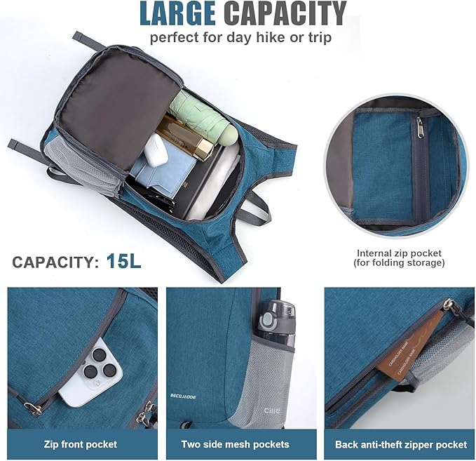 15L Hiking Backpack Small Travel Backpack Lightweight Packable Backpacks Casual Daypack for Women and Men, Turquoise