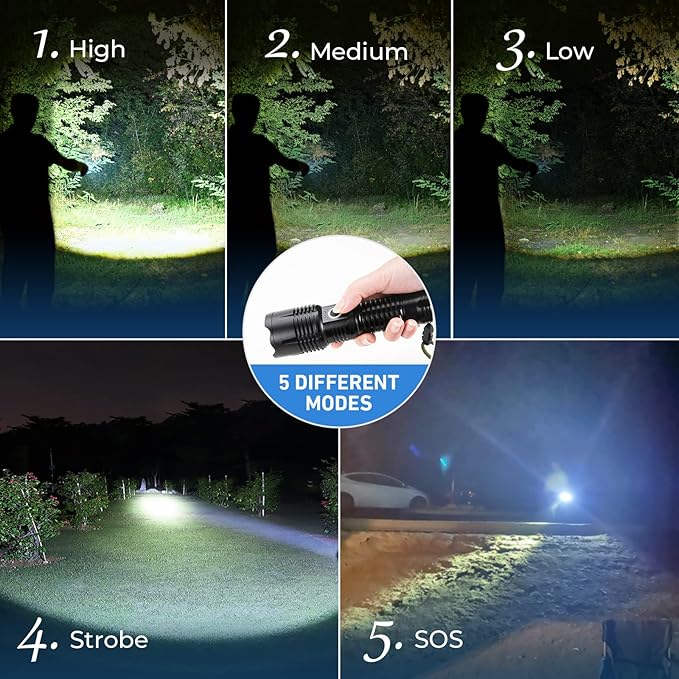 Flashlights High Lumens Rechargeable, 990,000 Lumens High Powerful Flash Lights, Super Bright Tactical Handheld Led Flashlight with 5 Modes, Waterproof for Camping,Emergencies