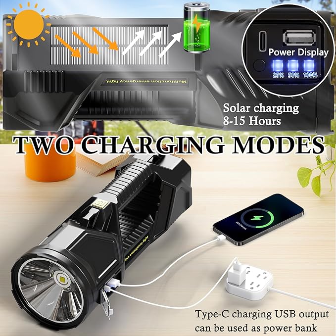 Solar Flashlight,1800 Lumens 6 Modes LED Spotlight Flashlight with Solar Panel, Rechargeable Portable LED Searchlight for Outdoor Hunting Fishing Camping Emergency