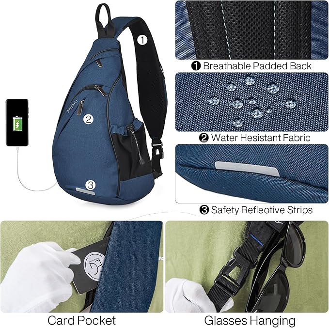 Hanke Sling Bag Men Backpack Unisex One Shoulder Bag Hiking Travel Backpack Crossbody with USB Port Versatile Casual Daypack