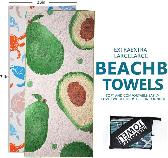 Microfiber Beach Towels 2 Packs, Oversized Quick-Dry Towels for Adults, Lightweight Thin Towels (72" x 36") for Swimming, Beach, Camping