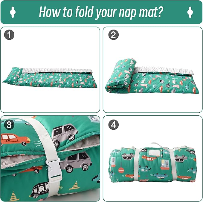 Bunnikins & Clover Toddler Nap Mat with Removable Pillow, Nap Mats for Preschool, Easy Clean Toddler Nap Pad for Kindergarten, Kids Sleeping Bag for Travel Camping