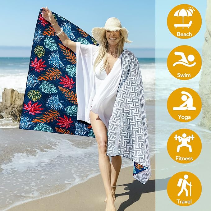 2 Pack Microfiber Beach Towel, Oversized Microfiber Pool Towel 75”x 35”, Sand-Free Beach Towel, Quick Drying Camping Towel, Super Absorbent Bath Towel Blanket, Soft Breathable and Lightweight
