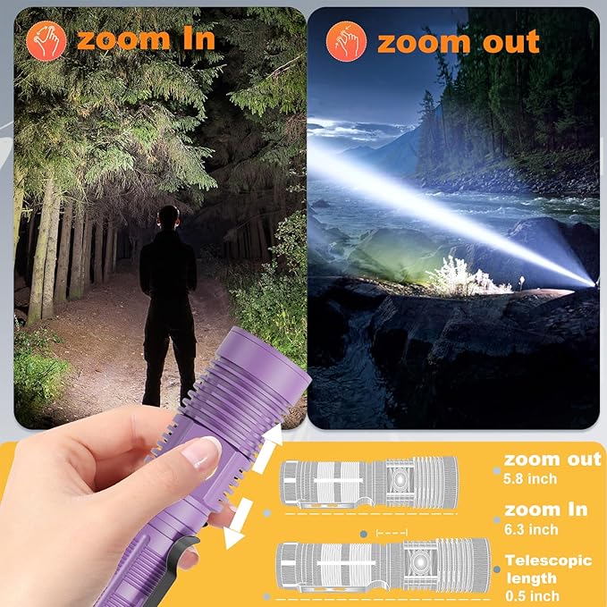 Small Tactical Flashlights 20000 High Lumens - 1500 Meters Long Beam Super Bright LED Magnetic Flashlight USB Rechargeable Zoomable 5Modes Long Beam Spotlight Flashlight for Hiking, Camping-Purple