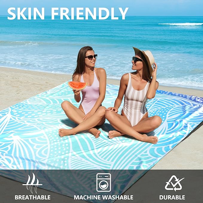 Beach Blanket Waterproof Sandproof Beach Mat 79βx 83β for 1-4 Adults Quick Drying Durable Outdoor Picnic Mat for Beach Festival Travel Camping Hiking (Gradiant Blue-Ripple, 79"Γ83"(4 Person))