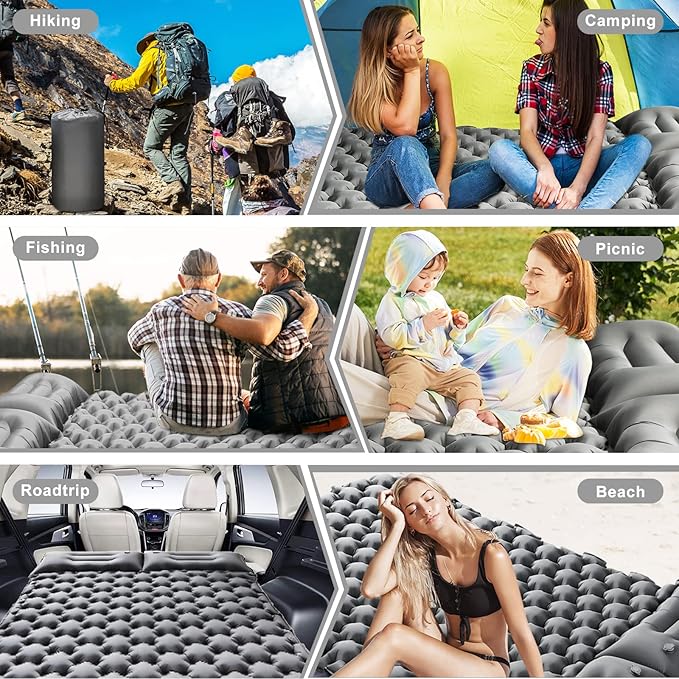 Camping Sleeping Pad,Camping Mattress 2 Person with Pillow Built-in Pump,Portable Sleeping Bed Compact for Camping Hiking Backpacking Outdoor(Grey-Full)