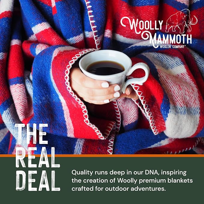 Woolly Mammoth Merino Wool Blanket- 66" x 90" 4 lbs Thick, Outdoor/Indoor Throw for Campfire, Picnic, Beach, Van Life, Home- Farmhouse Collection Heavy Duty Insulating Sleep Plaid, Red White & Blue
