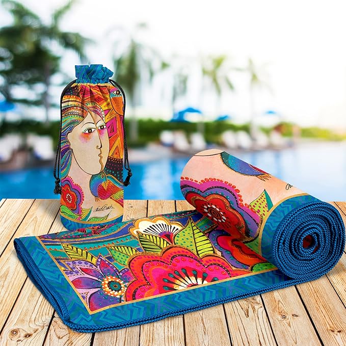 Laurel Burch Mikayla Large Oversized Microfiber Beach Towel - 40x63 Inches, Sand-Free, Quick-Drying, Ultra-Soft, Ideal for Travel, Pool, Yoga, and Camping - Includes Matching Drawstring Travel Pouch