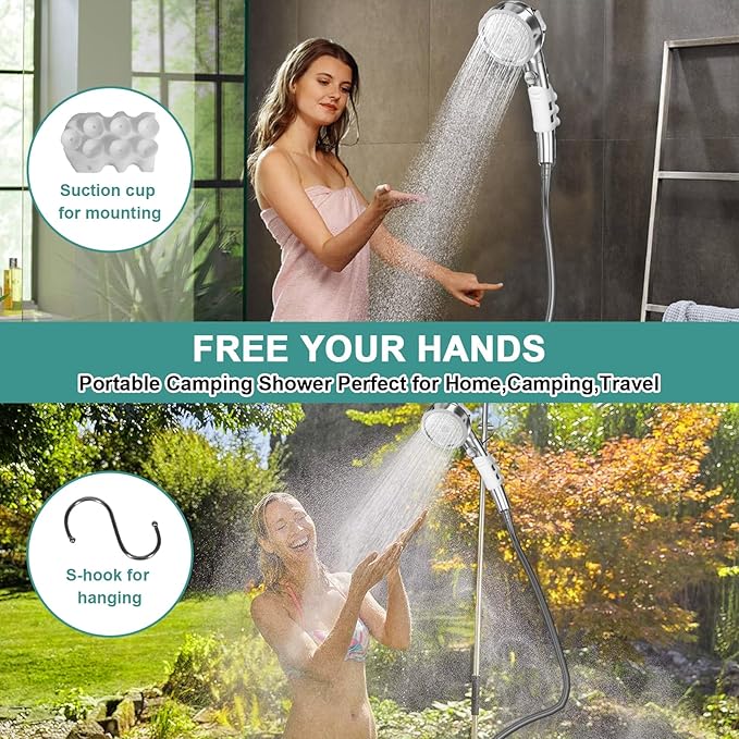 Portable Shower for Camping, Rechargeable Electric Camping Shower Pump with Battery Level Display, Multiple Spray Head with 3-Speed Mode & Pause Button for Outdoor Travel,Hiking, Easy to Store