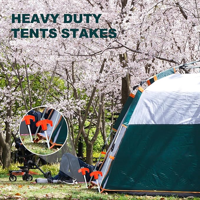 10PCS Camping Tent Stakes Heavy Duty,8 Inch Screw in Tent Stakes Heavy Duty,Nightglow Metal Tent Stakes,with Hex Head Driver,Nail Lifter,Ropes,Orange
