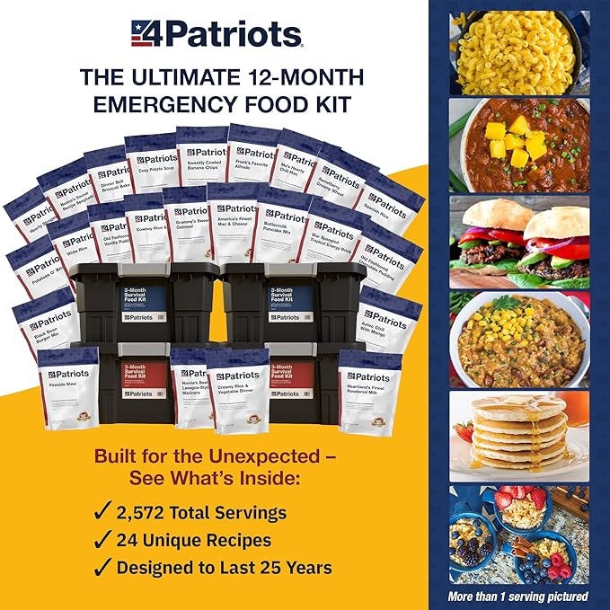 4Patriots: 1-Year Survival Food Kit - Emergency Food Supply, Freeze Dried Food, Designed to Last 25 Years, 2,848 Servings, 540,160 Total Calories, Disaster-Resistant Packaging