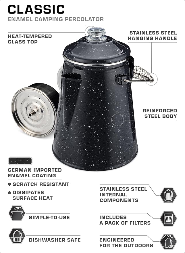 COLETTI Classic Percolator Coffee Pot — Camping Coffee Percolator, Campfire Coffee Pot – Camping Percolator for Groups — Brew for the Whole Campsite (Black, 18 Cup)