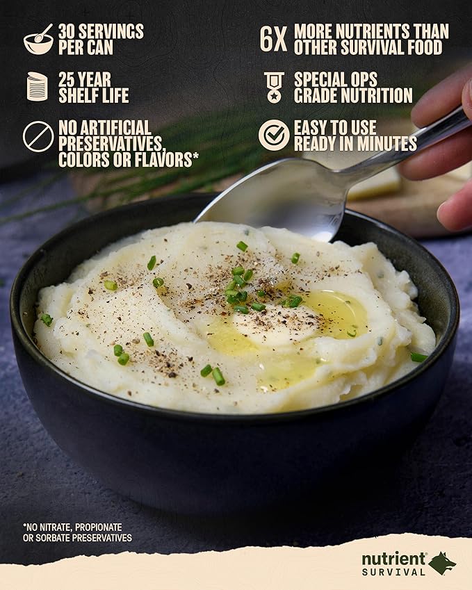 Nutrient Survival Potato Flakes, Powdered Vitamin Potato (30 Servings) for Mashed Potatoes, Soups, Emergency Food Supply & Camping Supplies, 38 Nutrients, Shelf Stable Up to 25 Years, One Can