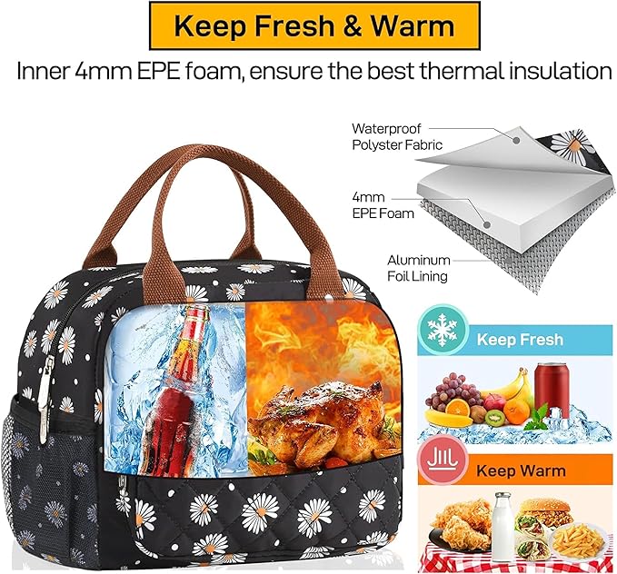 Buringer HOMESPON Lunch Bag for Woman Man Adults with Front Pocket Insulated Lunch Tote Lunch Box Container for Work Picnic or Travel(Daisy with Side Pockets)