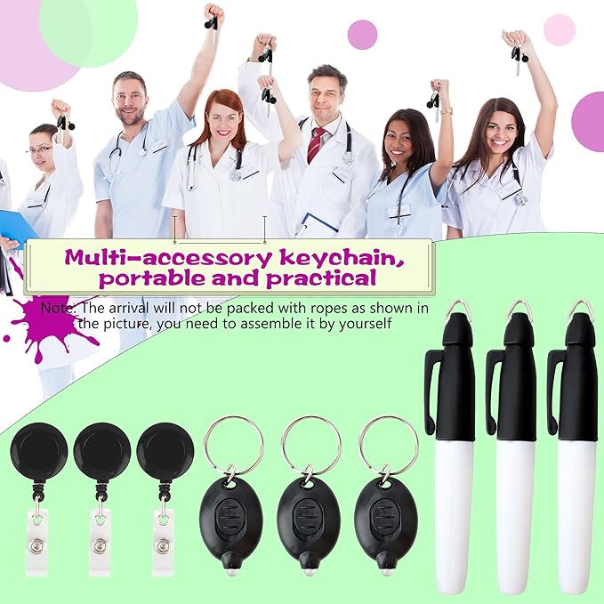 24 Pcs Mini LED Keychain Flashlights Permanent Marking Pens Badge Reel Mini LED Keychain Black Keychain Marker Pen