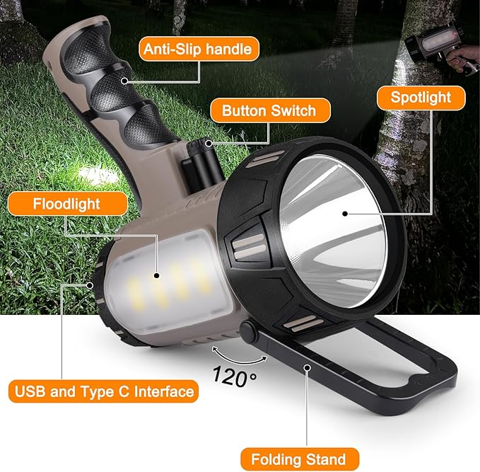 Rechargeable Spotlight Flashlight, Super Bright Waterproof Handheld Spot Light 6 Models with Foldable Stand for Outdoor Boating Camping Fishing Hunting