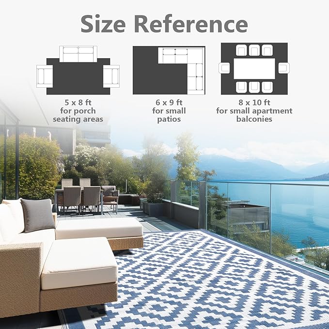 6x9 ft Outdoor Rug Waterproof, Plastic Straw Patio Carpet - UV Resistant Reversible Indoor Outdoor Rugs for Porch, Camping, Poolside, RV, Balcony, Easy to Clean, Blue and White