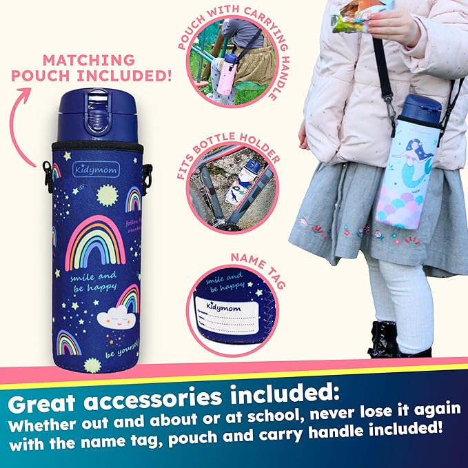 Stainless Steel Water Bottle Kids 12 oz With Carrying Pouch| Insulated Water Bottle For Kid, Toddler, Girls, Boys or Teen | Leakproof, BPA-Free | Little Metal Tumbler for School | Rainbow Girl