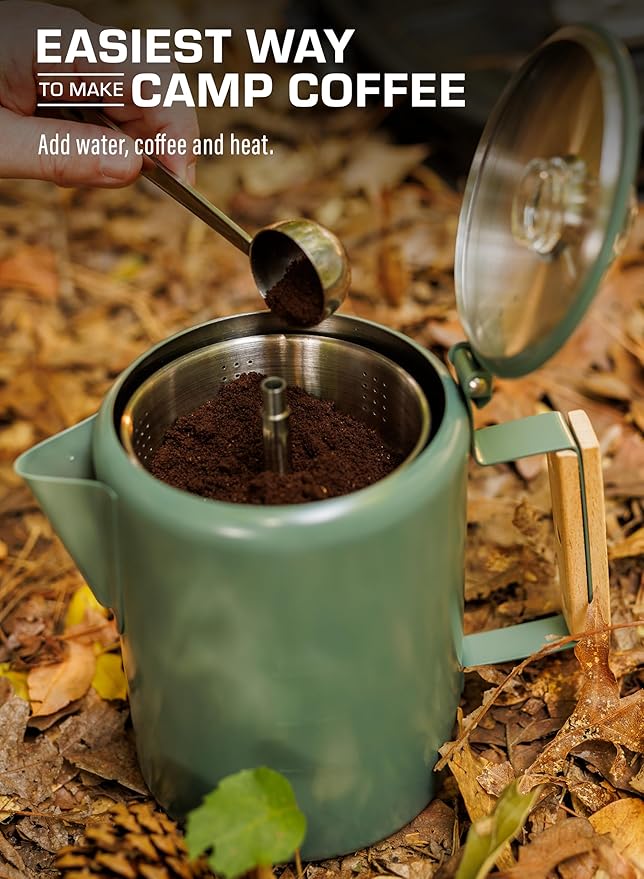 COLETTI Bozeman Camping Coffee Pot — Camping Coffee Makers, Coffee Percolator – America's Sleekest Percolator – NO Aluminum or Plastic (Camp Green)