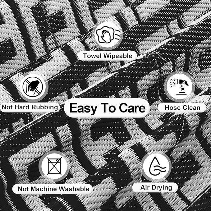 OutdoorLines Outdoor Plastic Area Rugs for Patio 4x6 ft - Reversible Outside Carpet, Stain & UV Resistant RV Mats, Straw Rug for Camping, Deck Garden, Porch and Balcony, Geometry Black & Light Grey