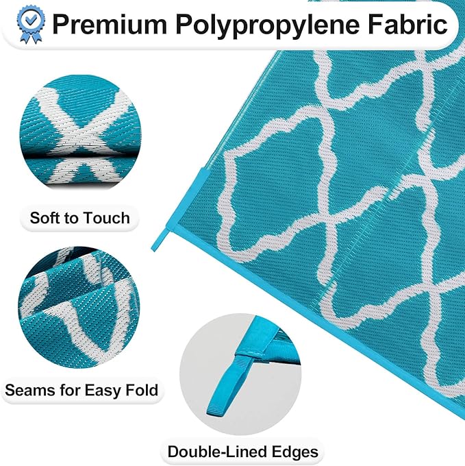 OutdoorLines Outdoor Plastic Area Rugs for Patio 6x9 ft - Reversible Outside Carpet, Stain & UV Resistant RV Mats, Straw Rug for Camping, Deck Garden, Porch and Balcony, Moroccan Teal & Light Grey