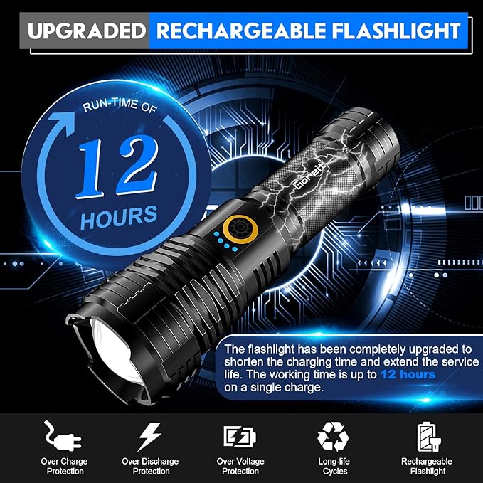 Flashlights LED High Lumens Rechargeable, Goreit 950000 Lumens XHP70.2 Super Bright Flashlight, Flash Light Battery Powered, Powerful Handheld Flashlight with holster for Emergency Camping Hiking Gift