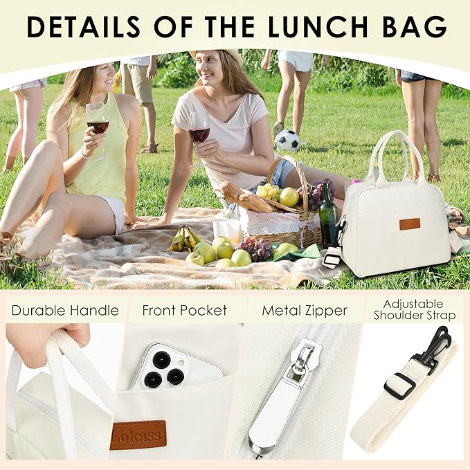 LOKASS Lunch Bag for Women-Insulated Adults Lunch Box with Front Pocket- Small Cute Lunch Tote for Work-Reusable Cooler Bag for Office Picnic Beach or Travel(White)