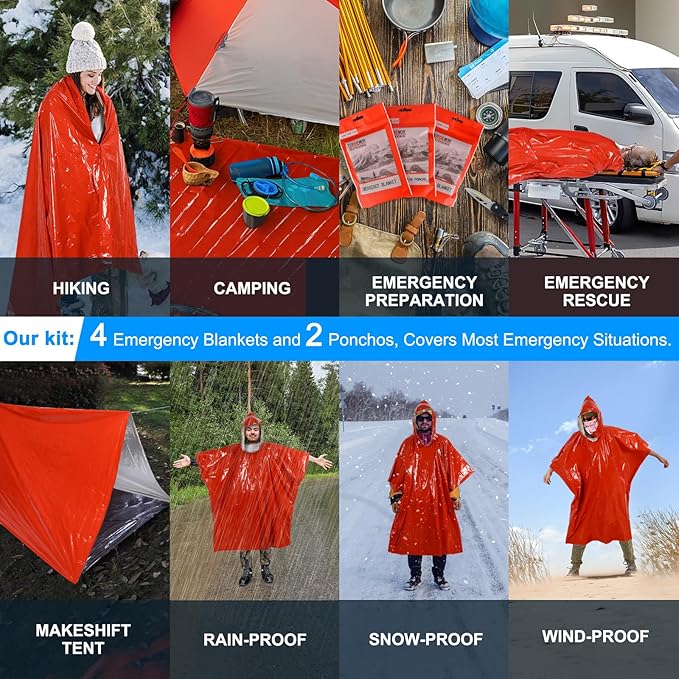 Emergency Poncho (4 Pack), Emergency Blanket (2 Pack) with Mylar Blanket Liner, Much Larger and Thicker Survival Blanket