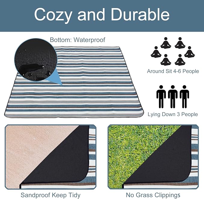 Large Picnic Blanket, 80'' x 80'' Foldable Sandproof Beach Mat with Strap and Bag, Portable Waterproof Outdoor Blanket for Camping Stadium Park Hiking, Gift for Family Friends (Stripe)