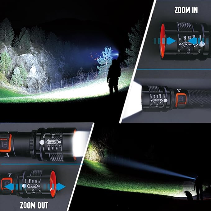 LED Flashlights High Lumens Emergency Tactical Super Bright Flashlights with 4 Modes, Zoomable, Waterproof, Powerful, Batteries Included for Outdoor Use, Camping, Rechargeable