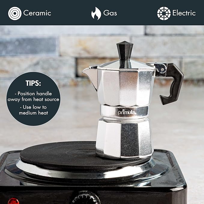 Primula Classic Stovetop Espresso and Coffee Maker, Moka Pot for Italian and Cuban Café Brewing, Greca Coffee Maker, Cafeteras, 1 Espresso Cup, Silver