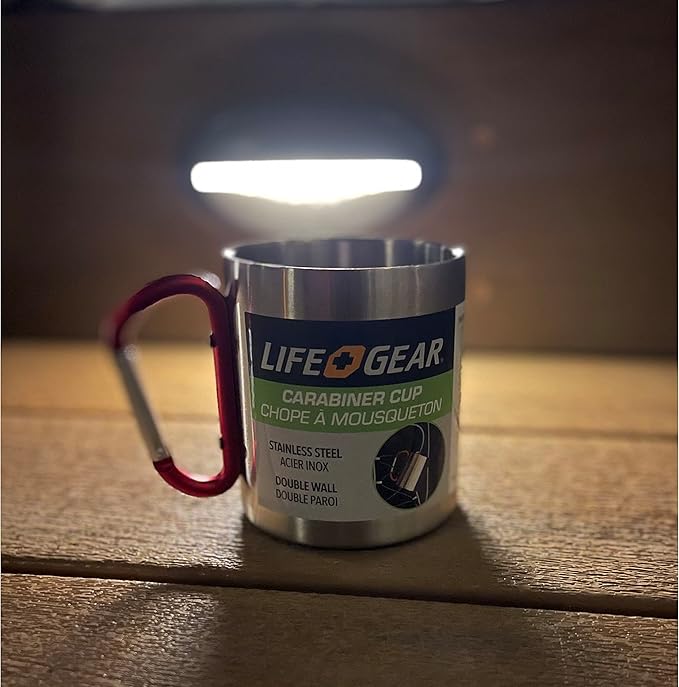 Life Gear Stainless Steel Double Walled Mug with Carabiner Handle - Portable Rockclimbing, Hiking, Backpacking or Camping Travel Cup 10 oz