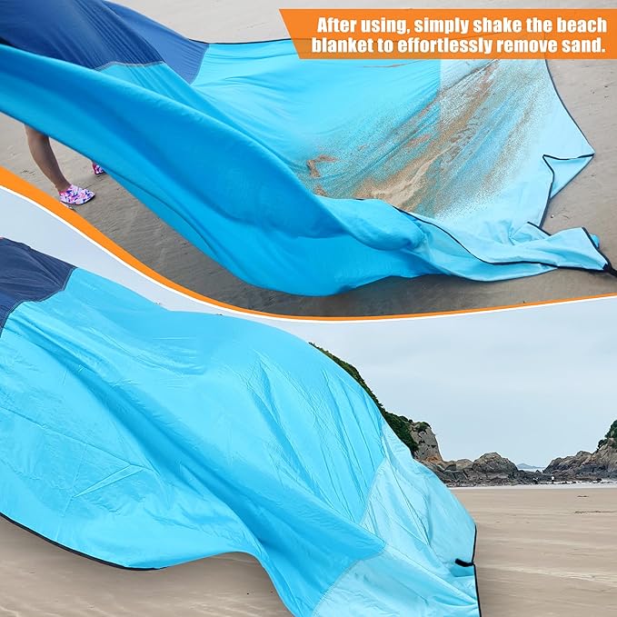 Beach Blanket Sandproof, Extra Large Beach Mat, Sand Free Mat Quick Drying, Lightweight, Soft & Durable Mat for Beach, Yard (Blue & Sky Blue, 10 x 10 FT (1~9 Person))