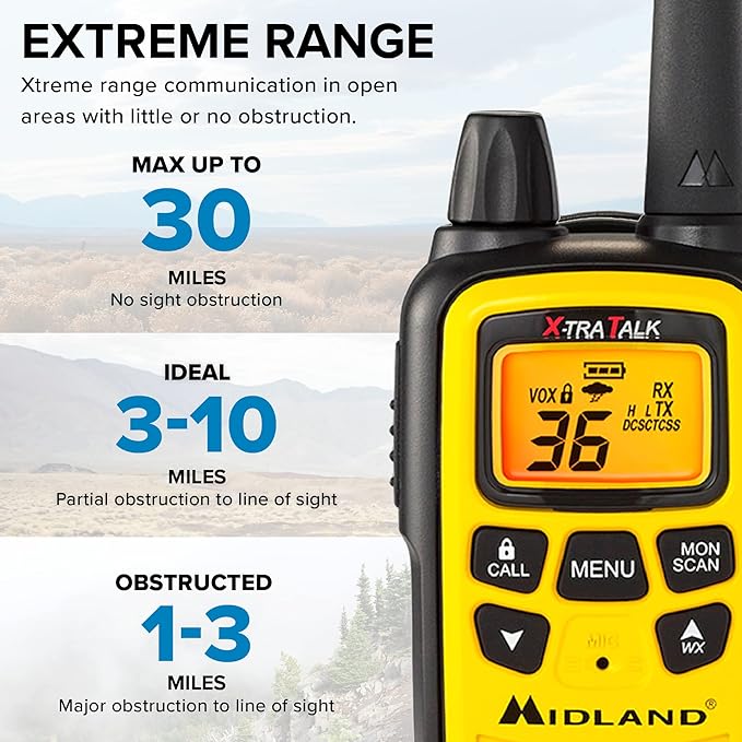 Midland 36 Channel FRS Two-Way Radio - Long Range Walkie Talkie, 121 Privacy Codes, NOAA Weather Scan + Alert (Yellow/Black, 3-Pack)