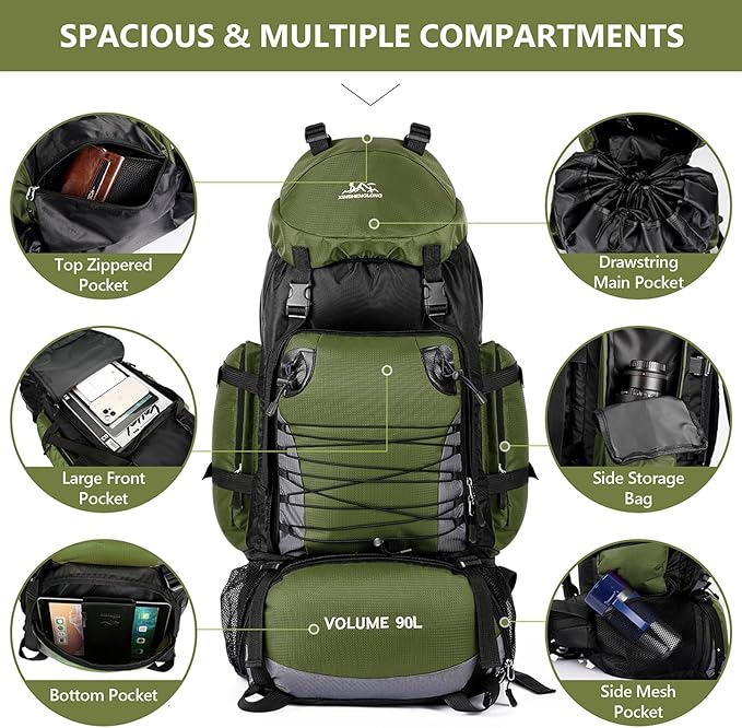 90L Hiking Backpack, Waterproof Camping Bag with Rain Cover, Lightweight Backpacking Back Pack - No Frame (Army Green)