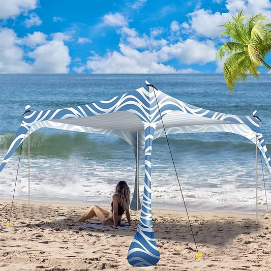 Buheco Beach Tent Pop Up Shade 10x10ft Beach Canopy Sun Shelter UPF50+ with 4 Foldable Poles-Portable Carrying Bag-Sand Shovel-Ground Pegs-Windproof Ropes for Outdoor Family Camping-Fishing- Picnic