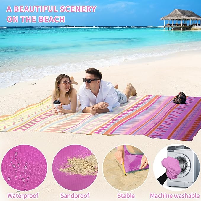 BYDOLL Beach Blanket Sandproof Waterproof 78''×81''1-4 Adults Boho Compact Lightweight Oversized Beach Blanket Large Picnic Mat Beach Blanket for Travel Camping Hiking Picnic