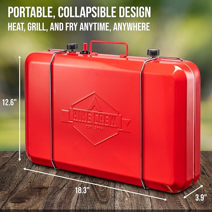 Hike Crew Gas Camping Stove | 20,000 BTU Portable Propane 2 Burner Stovetop | Integrated Igniter & Stainless Steel Drip Tray | Built-in Carrying Handle, Foldable Legs, Wind Panels | Includes Regulator