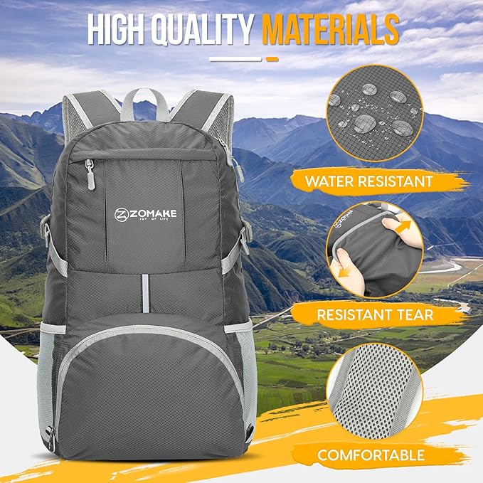 ZOMAKE Lightweight Packable Backpack 35L - Light Foldable Backpacks Water Resistant Collapsible Hiking Backpack - Compact Folding Day Pack for Travel Camping(Dimgray)