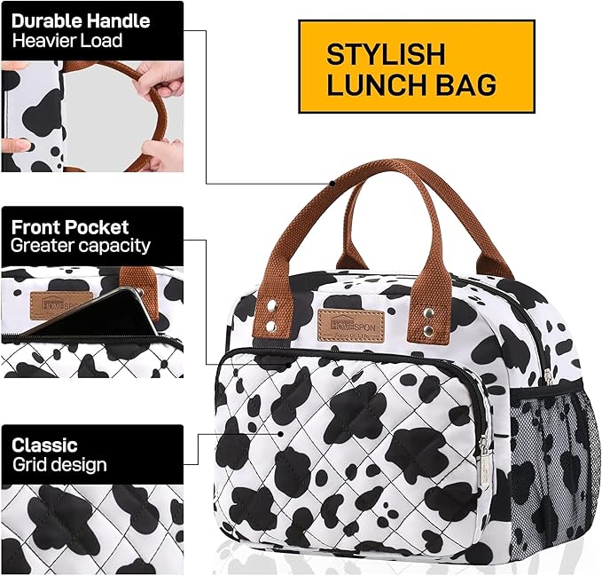 Buringer HOMESPON Lunch Bag for Woman Man Adults with Front Pocket Insulated Lunch Tote Lunch Box Container for Work Picnic or Travel(Cow with Side Pockets)