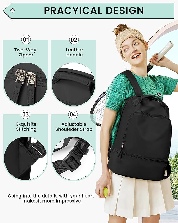 Gym Backpack for Women, Gym Bag with Shoe Compartment, Waterproof Lightweight Sports Yoga Travel Backpack with Wet Pocket, Black