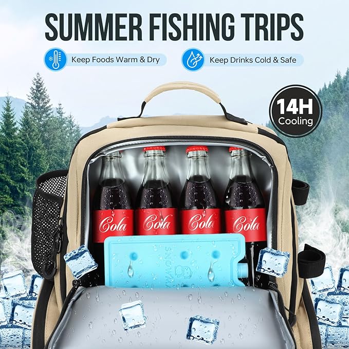 PLUSINNO Cooler Fishing Backpack with Rod Holders 45L Large Water-resistant Fishing Tackle bag Store Fishing Gear Fishing Gifts for Men Father