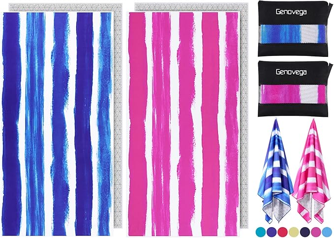 2 Pack Microfiber Oversized Lightweight Beach Towel Sandproof Thin Compact Quick Dry Clearance Towels Extra Large Sand Free Pool Travel Beach Essentials Accessories Women Men Adult Gift Purple Stripe