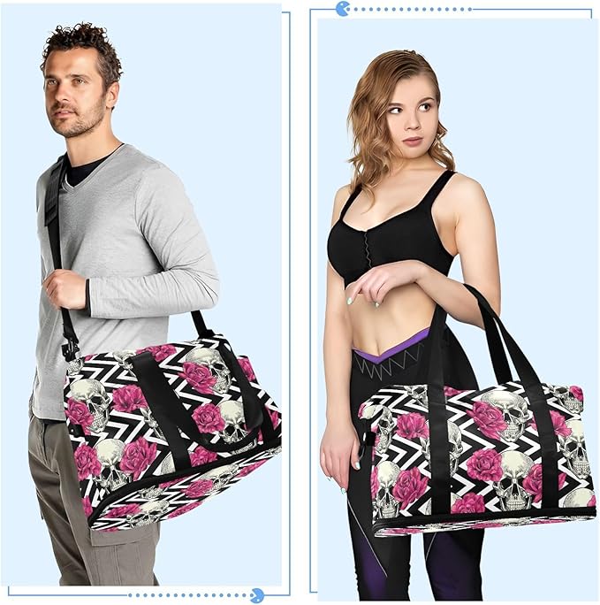Skull Weekender Gym Bag for Women - Red Flowers Sports Duffle Travel Tote with Toiletry Bag, Shoes Compartment & Dry/Wet Separation
