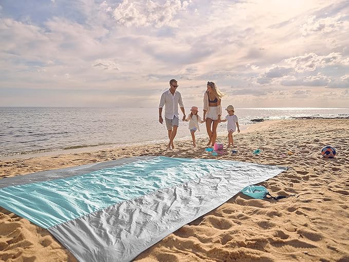 WEKAPO Beach Blanket Sandproof, Extra Large Beach Mat, Big & Compact Sand Free Mat Quick Drying, Lightweight & Durable with 6 Stakes & 4 Corner Pockets