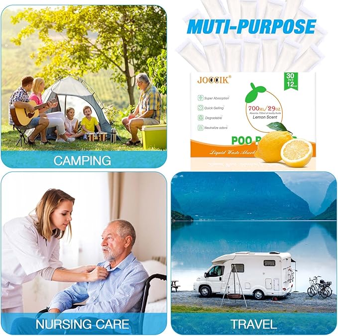Poo Gel for Portable Toilet 30pcs Super Absorbent Liquid Waste Powder Lemon Scent for Camping Outdoor