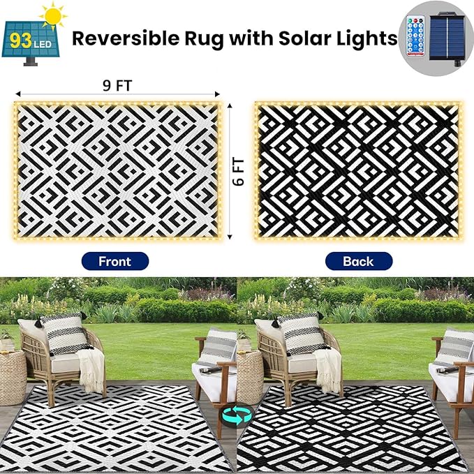 Outdoor Rug 6x9Ft, Solar Powered Outdoor Camping Rug with 93LEDs Strip Lights, Waterproof Plastic Reversible Outdoor Straw Rug, Rug Mat for RV Camping Patio Beach Balcony House Deck Picnic