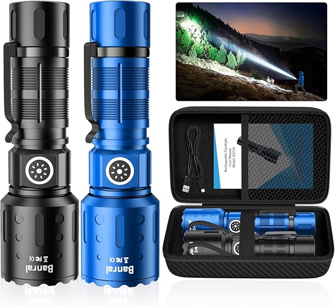 Rechargeable Flashlights 20,000 High Lumens, 1500M Long Throw Super Bright LED Small Powerful Flashlight with Memory Function, 6Modes Pocket Waterproof Flash Light for Camping,Hiking (2, Black/Blue)