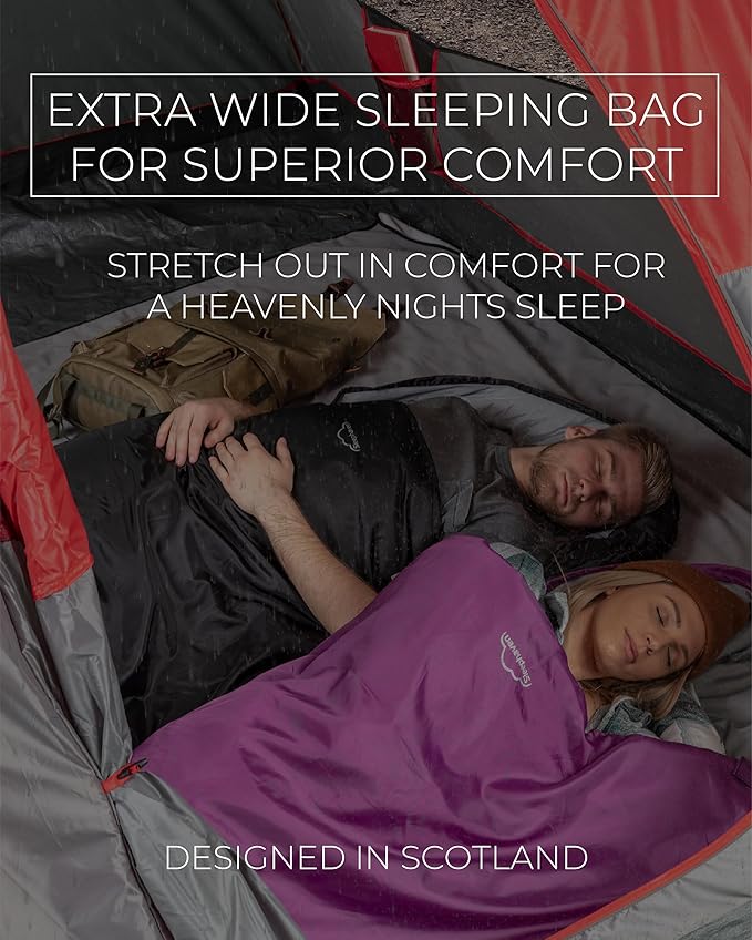 Highlander Sleephaven XL Adult Wide Tall Lightweight 2 Season Sleeping Bag Curved Pod Design - Perfect for Camping, Hiking and Backpacking